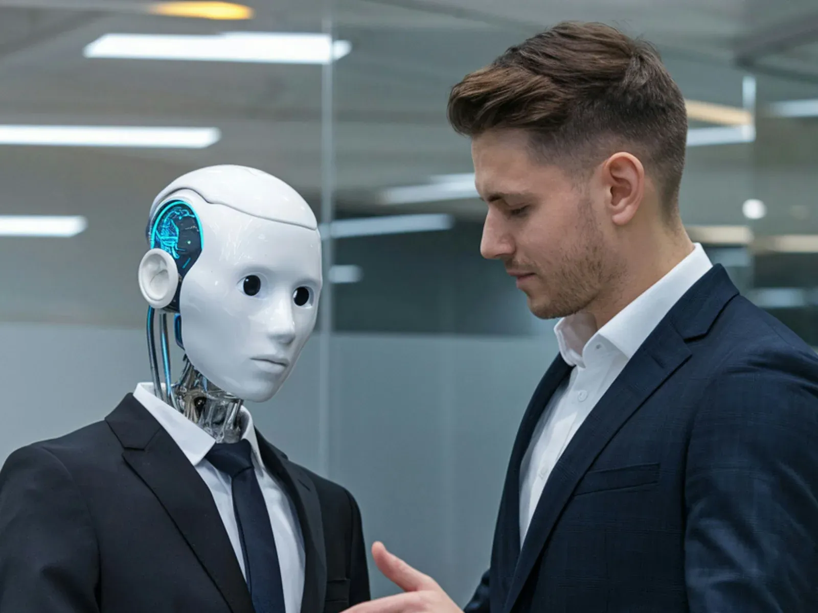 A humanoid AI robot in a suit in conversation with a businessman